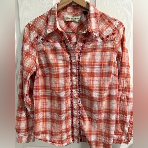 Bit & Bridle Red and White Plaid Shirt Embroidered Detail Western Cowgirl Rodeo - Picture 1 of 5